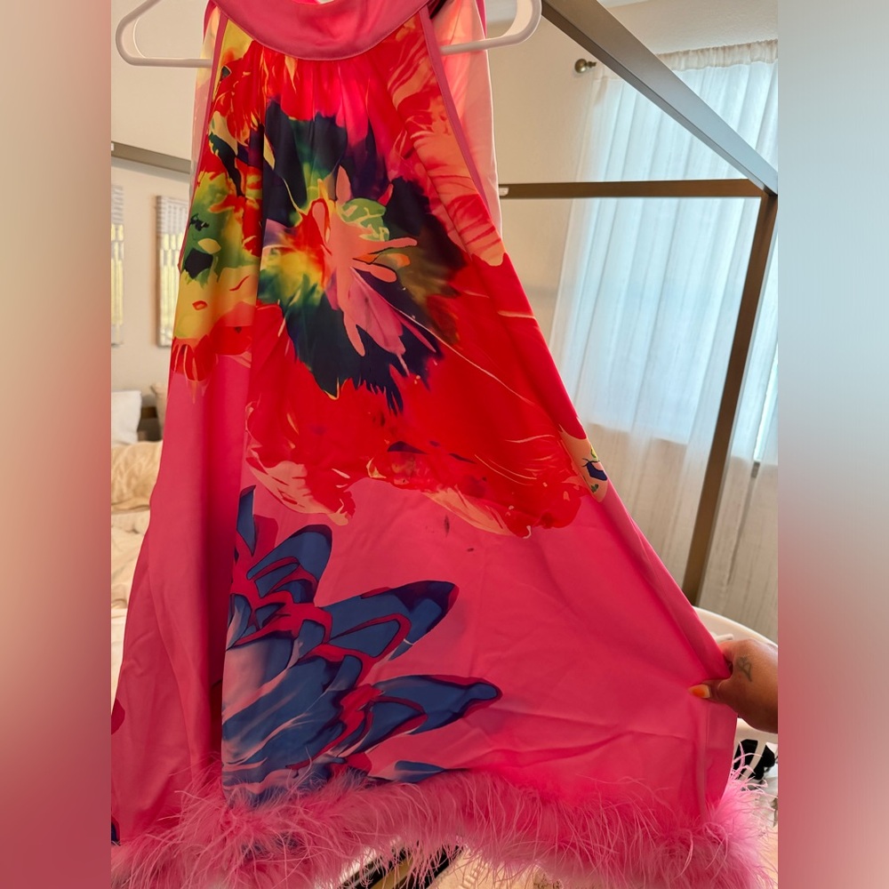 Nasty gal pink floral sleeveless swing dress with feather trim - Picture 5 of 5
